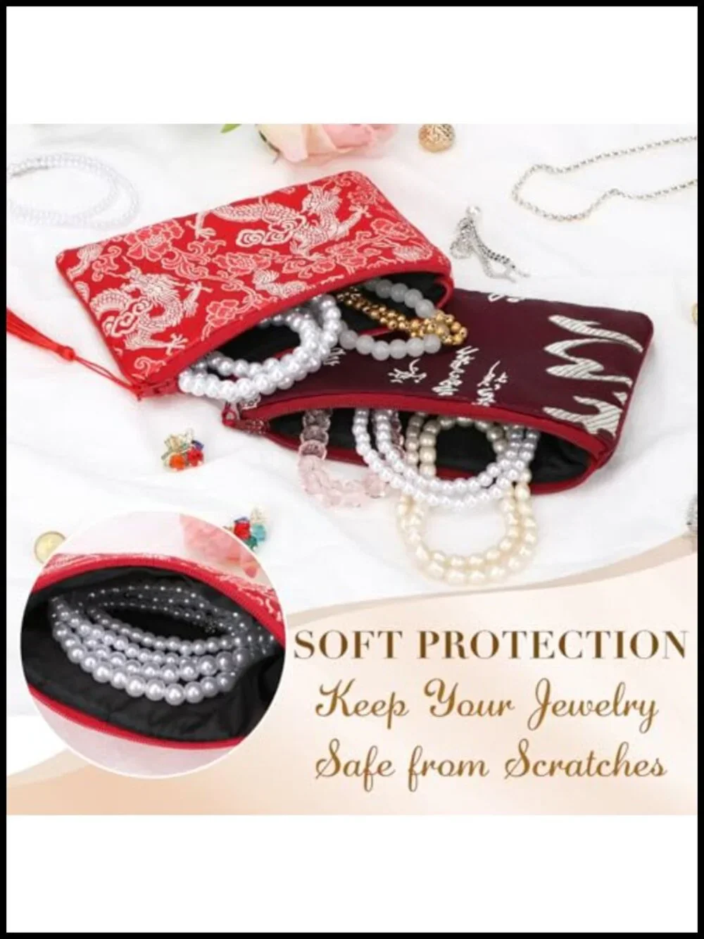 2pc Chinese Silk Brocade Padded Tassel Zipper Jewelry Pouch Gift Bag